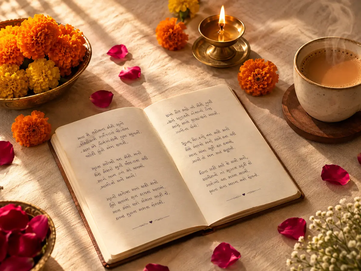 Gujarati shayari notebook with diya, marigold flowers and morning light — The Gujarati Shayari